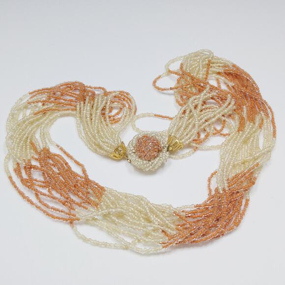 Japan 1950s Multi Strand Glass Seed Bead Necklace Beige Rust Vintage - Picture 2 of 10